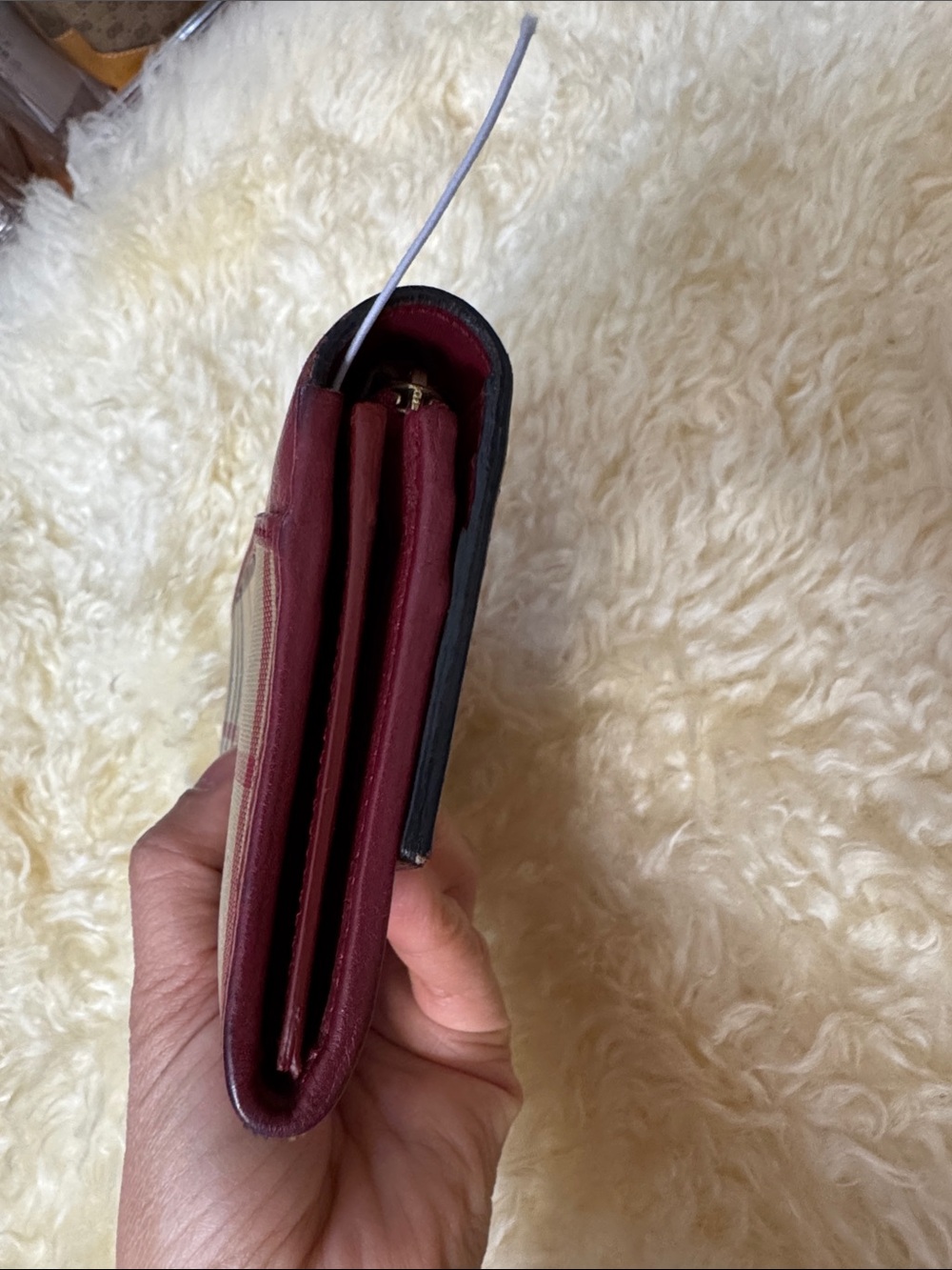 Burberry Burgundy Leather & Beige Check Continental Wallet - Picture 3 of 8